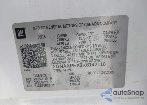 2019 Chevrolet Equinox Premier z USA, uszkodzony, nr VIN 2GNAXPEX3K6142116